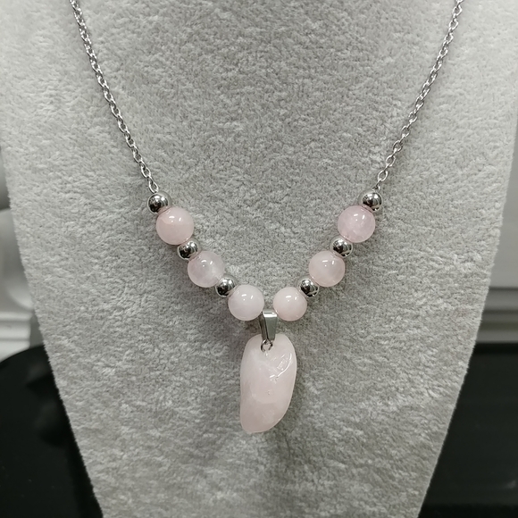 Rose Quartz Necklace Natural Gemstone Crystal Pendant Stainless-Steel Chain - Picture 5 of 16